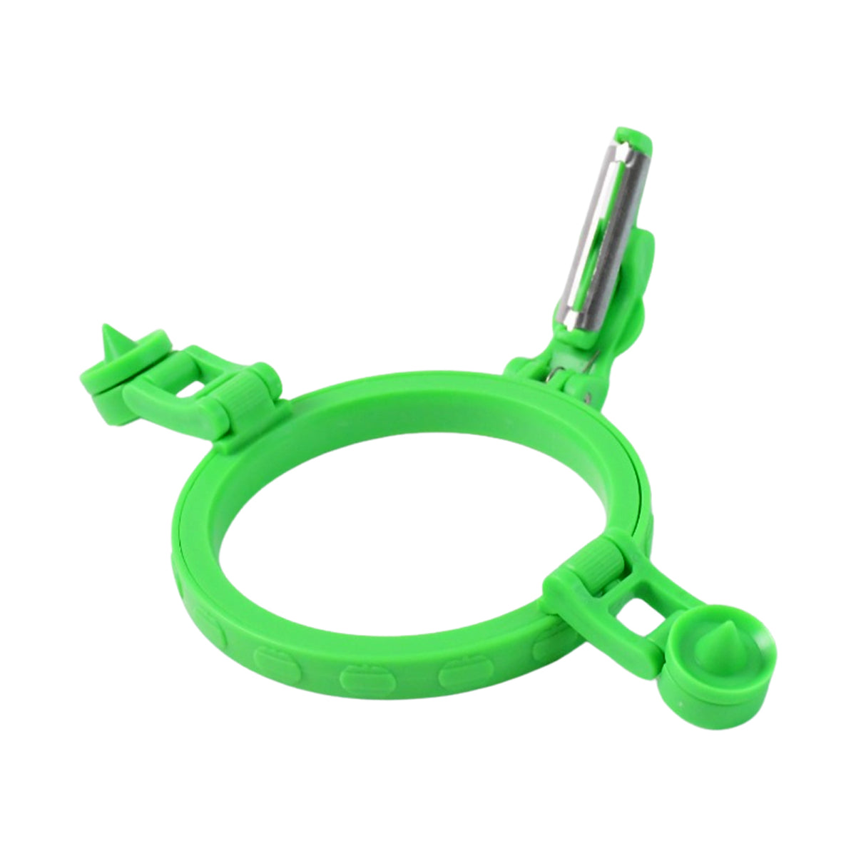 Close-up of the adjustable apple peeler's grip ring and stainless steel blade