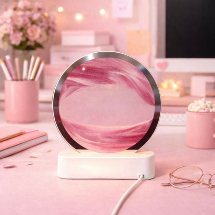 Round Sand Art Lamp with dynamic sandscape on display, glowing softly.