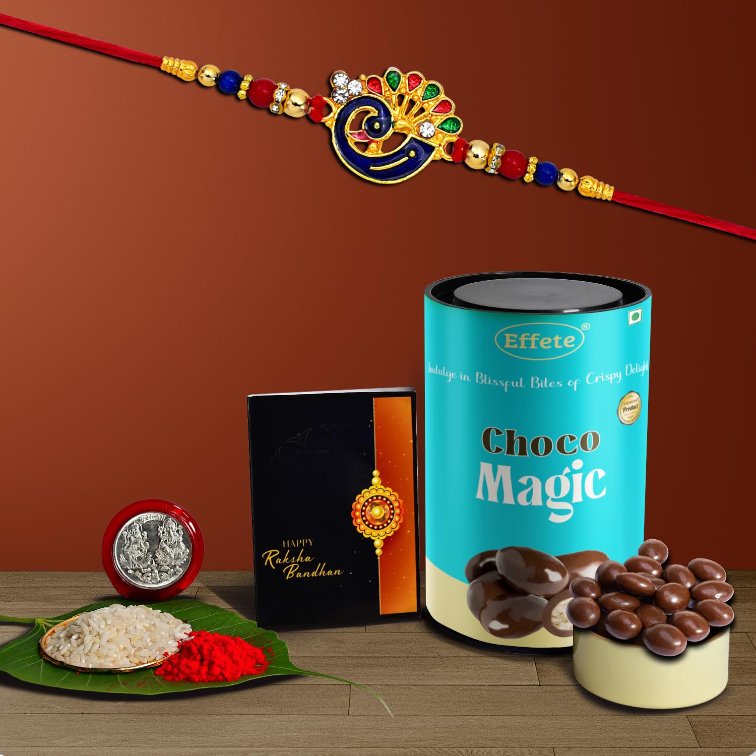 Rakhi Combo Gift Set with Chocolate and Traditional Roli-Chawal Pack