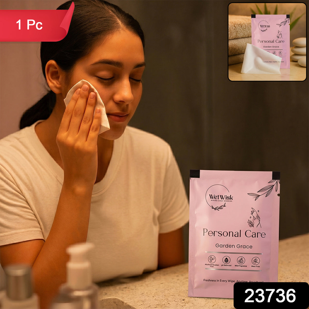 A woman uses a white wet wipe on her face; a pink packet of WetWisk wipes sits on the counter.