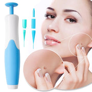A smiling woman on a beach holds the blue and white skin tag remover device, with text overlay about smooth skin.