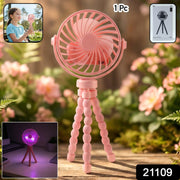Rechargeable fan with flexible tripod attached to a baby stroller