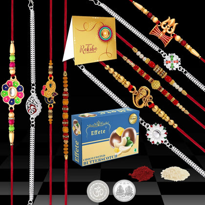 A Designer Rakhi Combo Gift Set featuring a rakhi, choco butterscotch, and silver coin.