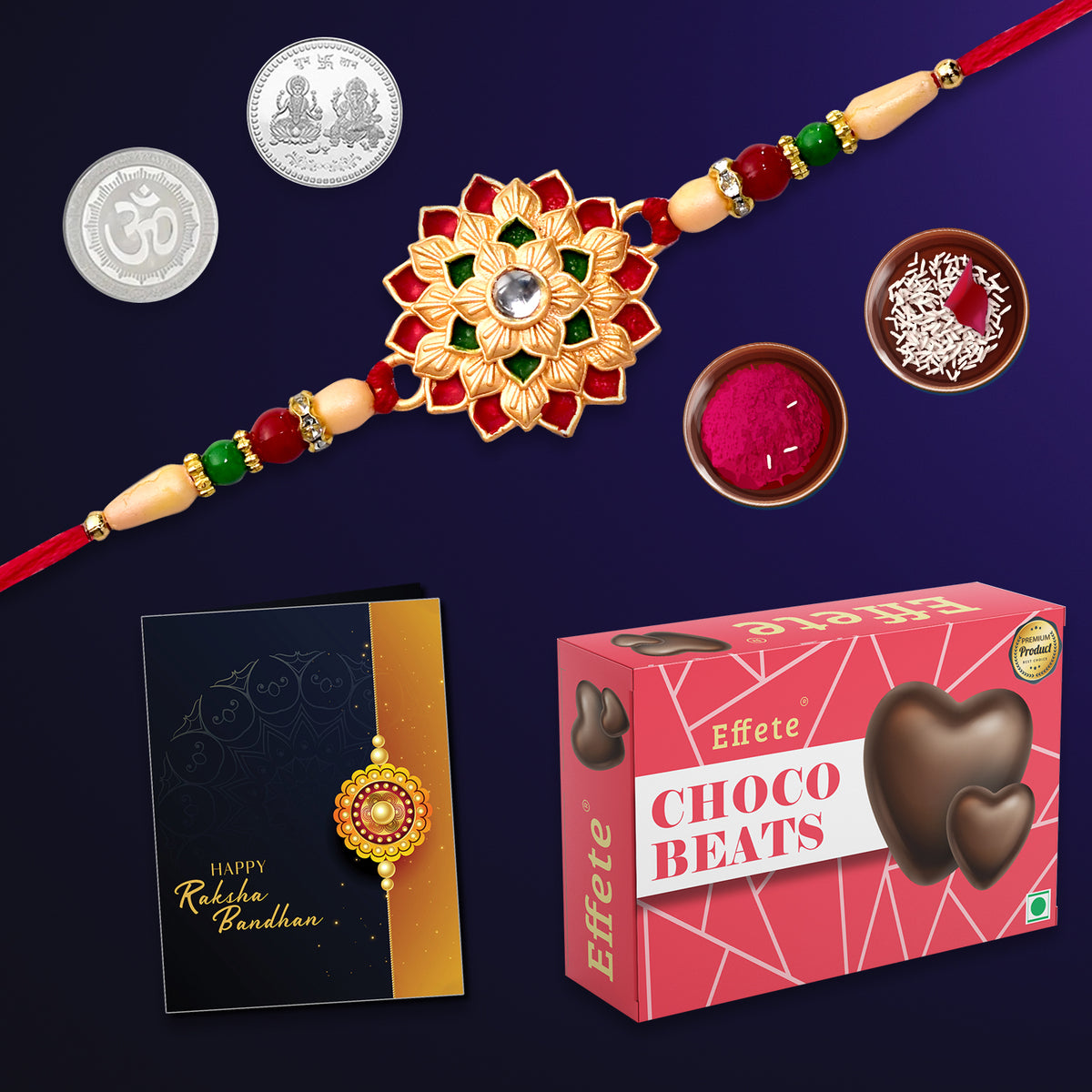 Rakhi combo gift set for brother with Rakhi, roli-chawal, coin, card, and chocolate