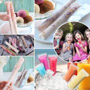 Collage of children eating popsicles, various filled bags, and a hand holding two white popsicles.