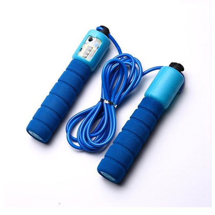 Electronic counting skipping rope with digital display and comfortable foam handles.