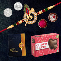 Designer Krishna Rakhi gift pack with Choco Beats, kanku, chokha, and a shagun coin.