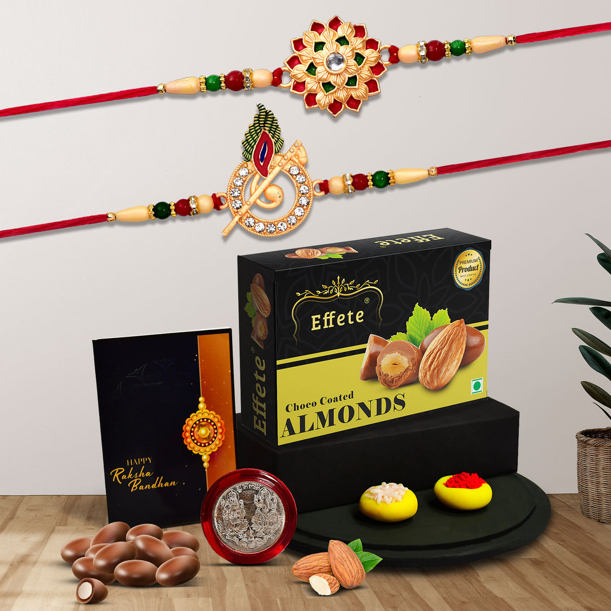Rakhi Gift Box with traditional Rakhi, roli-chawal, coin, greeting card, & chocolate