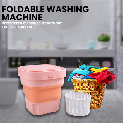 A compact portable washing machine in white and grey, unfolded and ready for use.