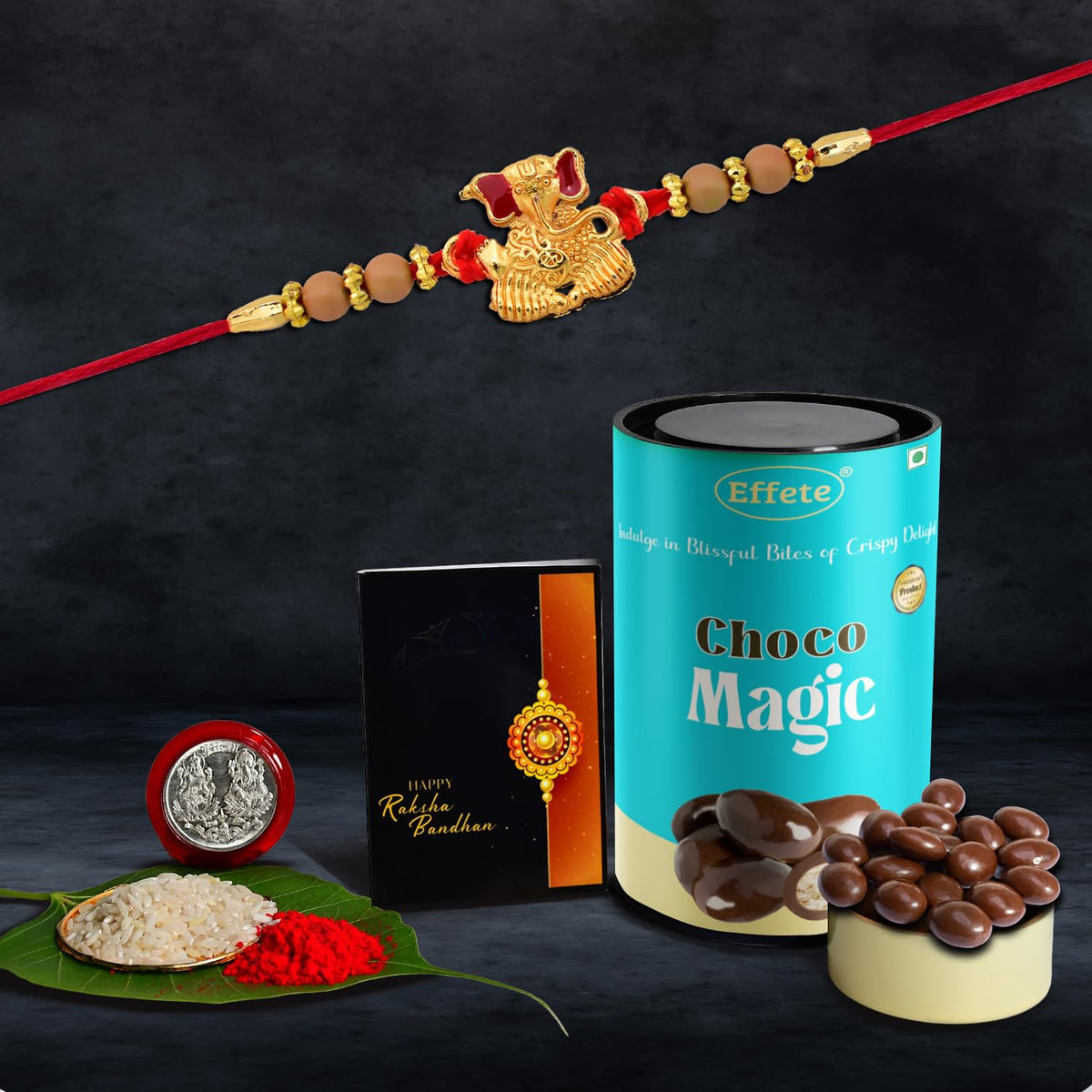 Chocolate Magic Stylish Rakhi Combo Gift Set with Roli-Chawal, Coin, Greeting Card and Chocolate