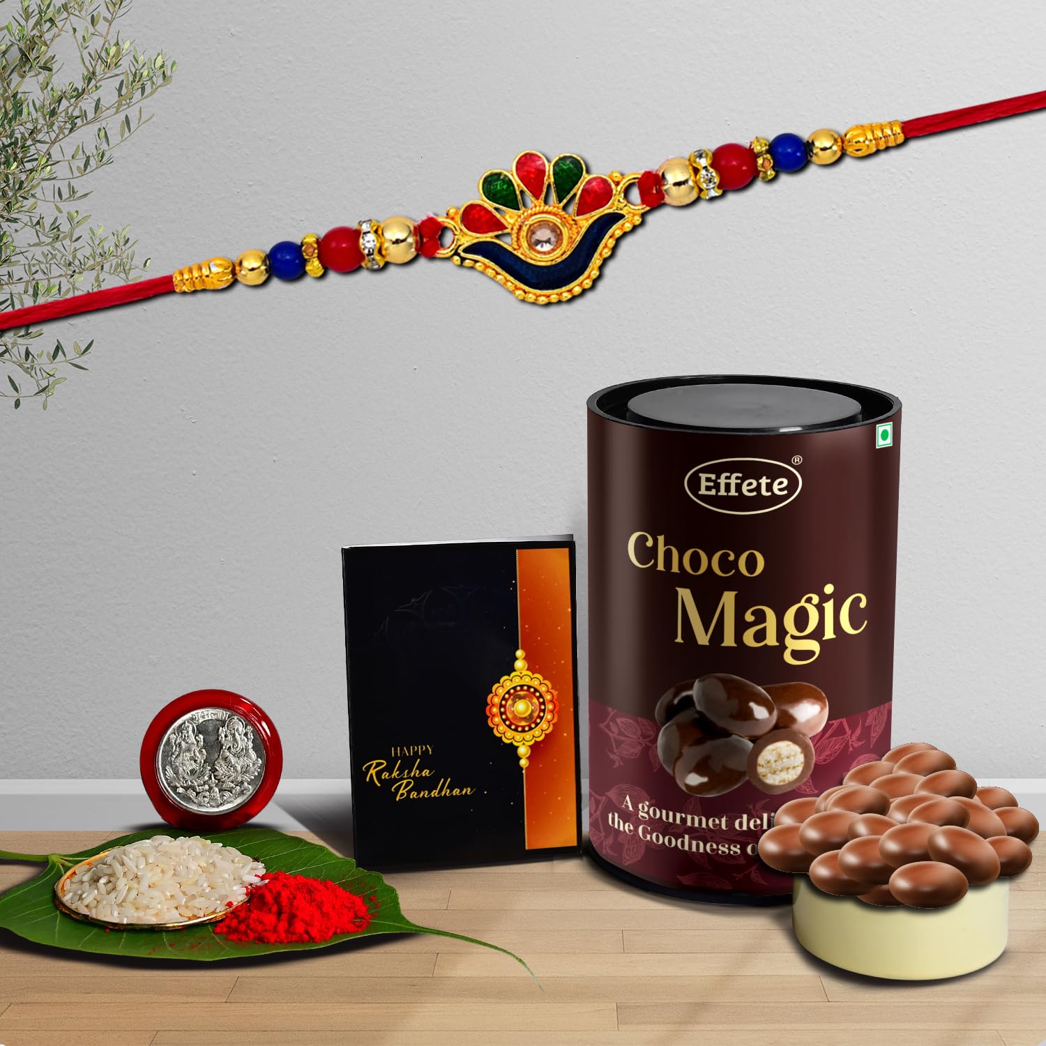 Elegant Rakhi Combo Gift Set with Rakhi, chocolate, roli-chawal pack and coin