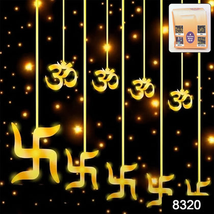 Swastik Om LED curtain lights illuminating a room, showcasing 12 hanging props