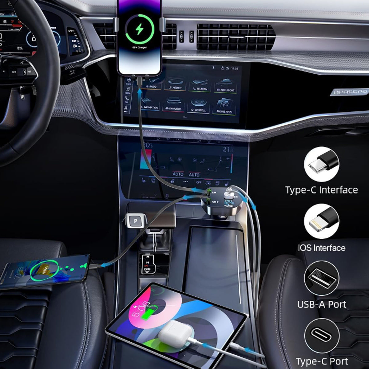 4-in-1 Super Fast Car Charger With Dual Built-in Cables Dual Usb Ports
