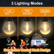 Three glowing light bulbs illustrate low, high, and strobe modes over a night camping scene.