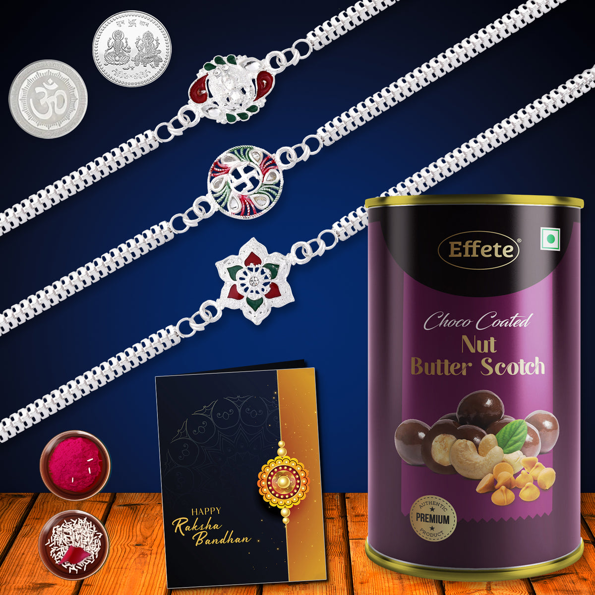 Rakhi combo gift set with rakhi, roli chawal, coin, greeting card, & chocolate