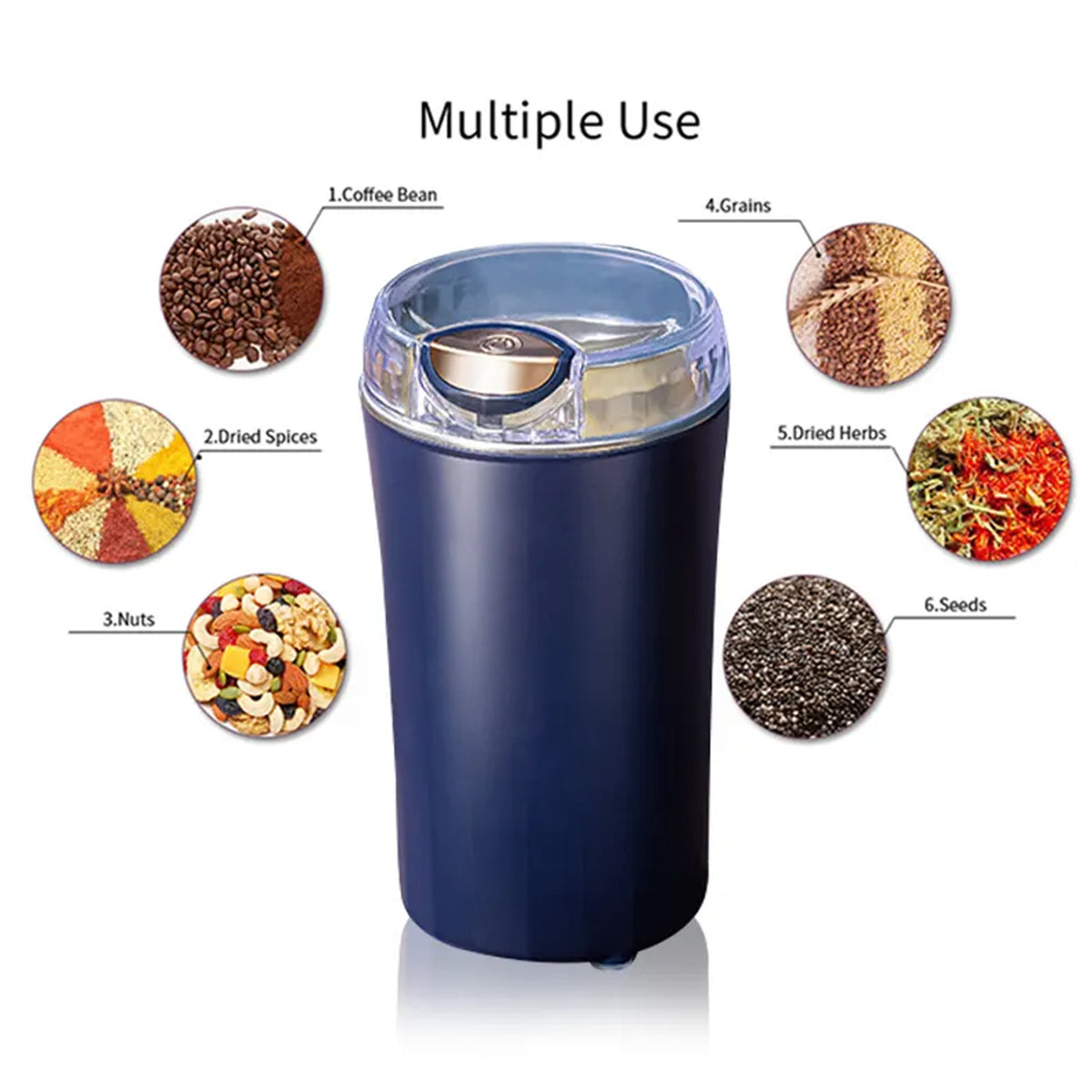 Mini spice grinder with various spices