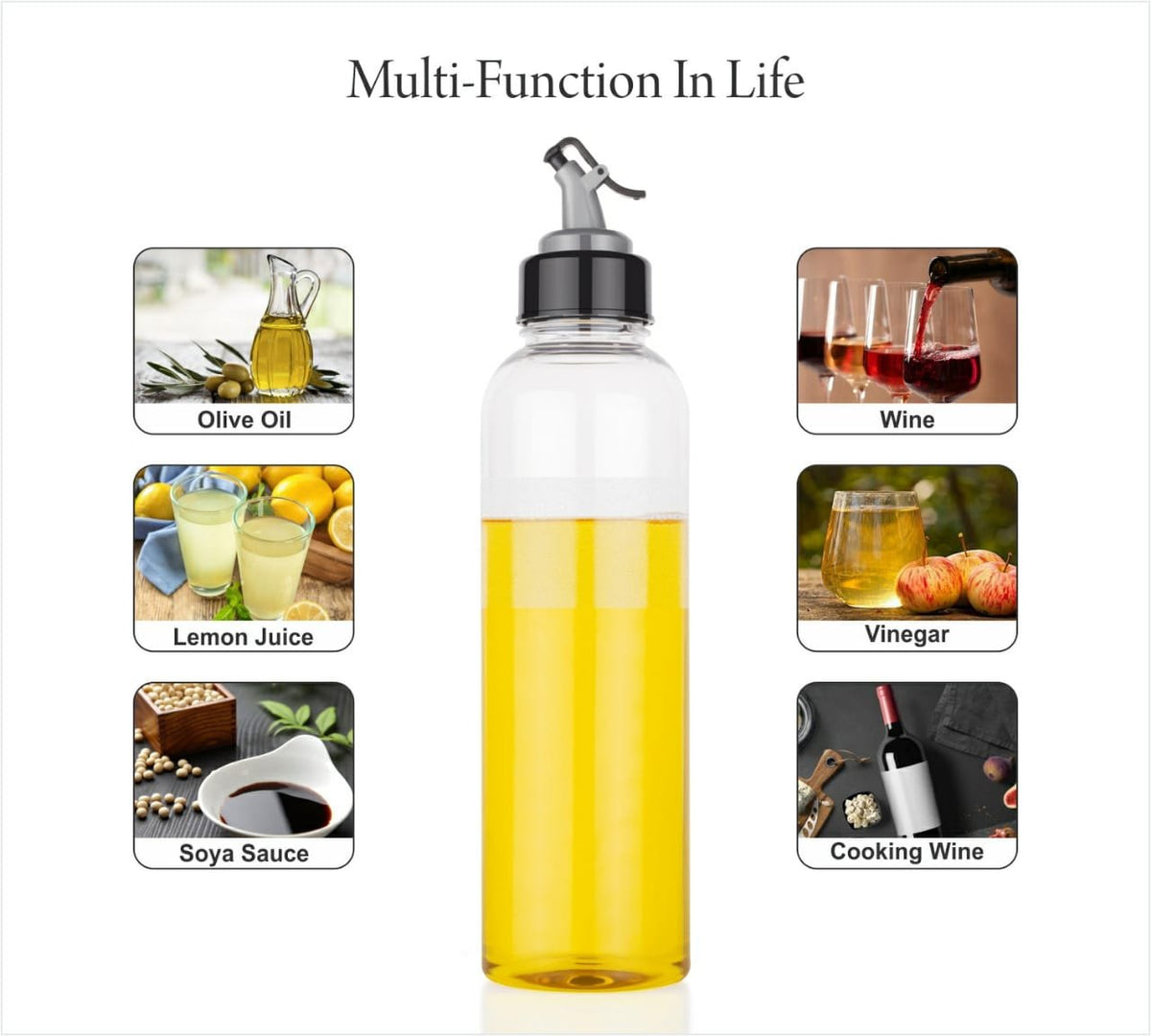 Clear plastic oil bottle with a silver pour spout