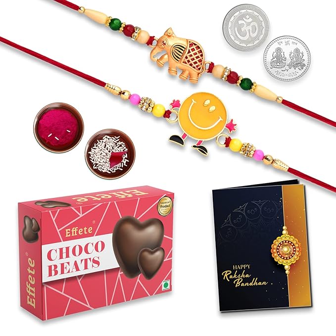 Close-up of a charming Elephant Rakhi bracelet with colourful beads for kids.