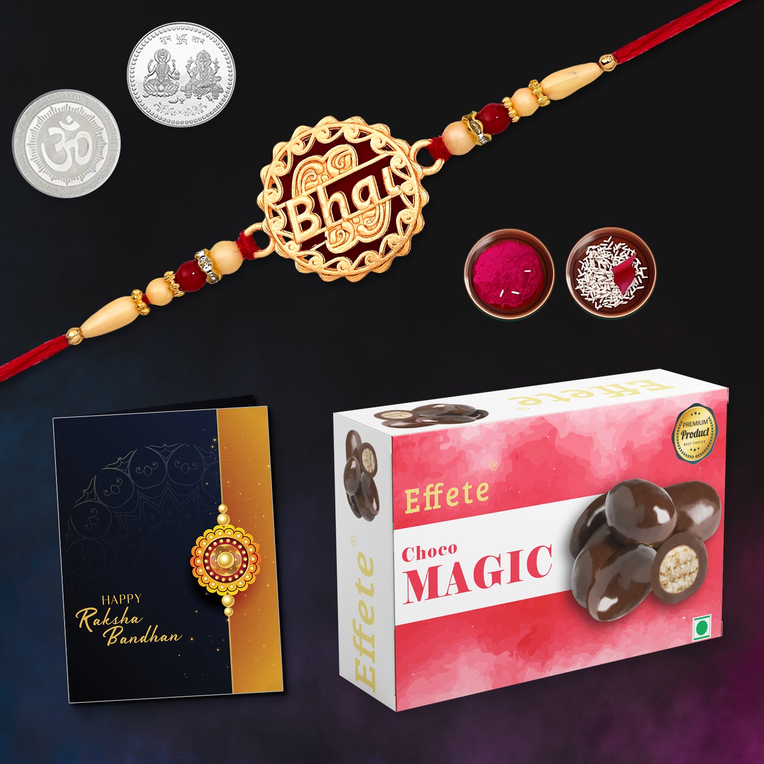 Beautiful Rakhi Combo Gift Set for brothers, featuring a Rakhi, Roli-Chawal, coin, card, and chocolate.