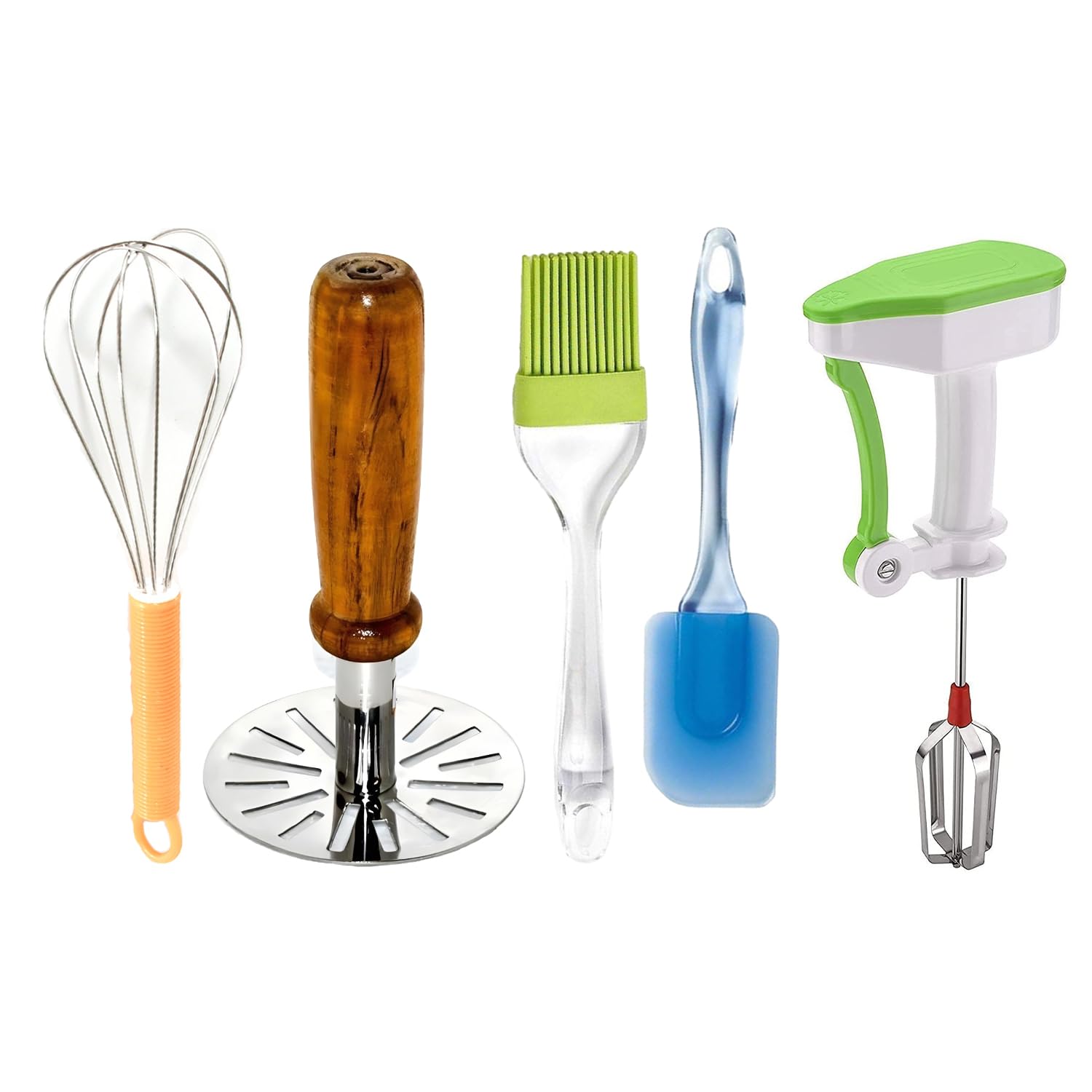 A complete 5-piece kitchen tools combo featuring a potato masher, whisk mixer, spatula, pastry brush, and blender.