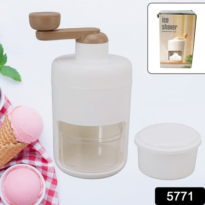 Portable hand crank gola maker with clear ice container, ready for use.