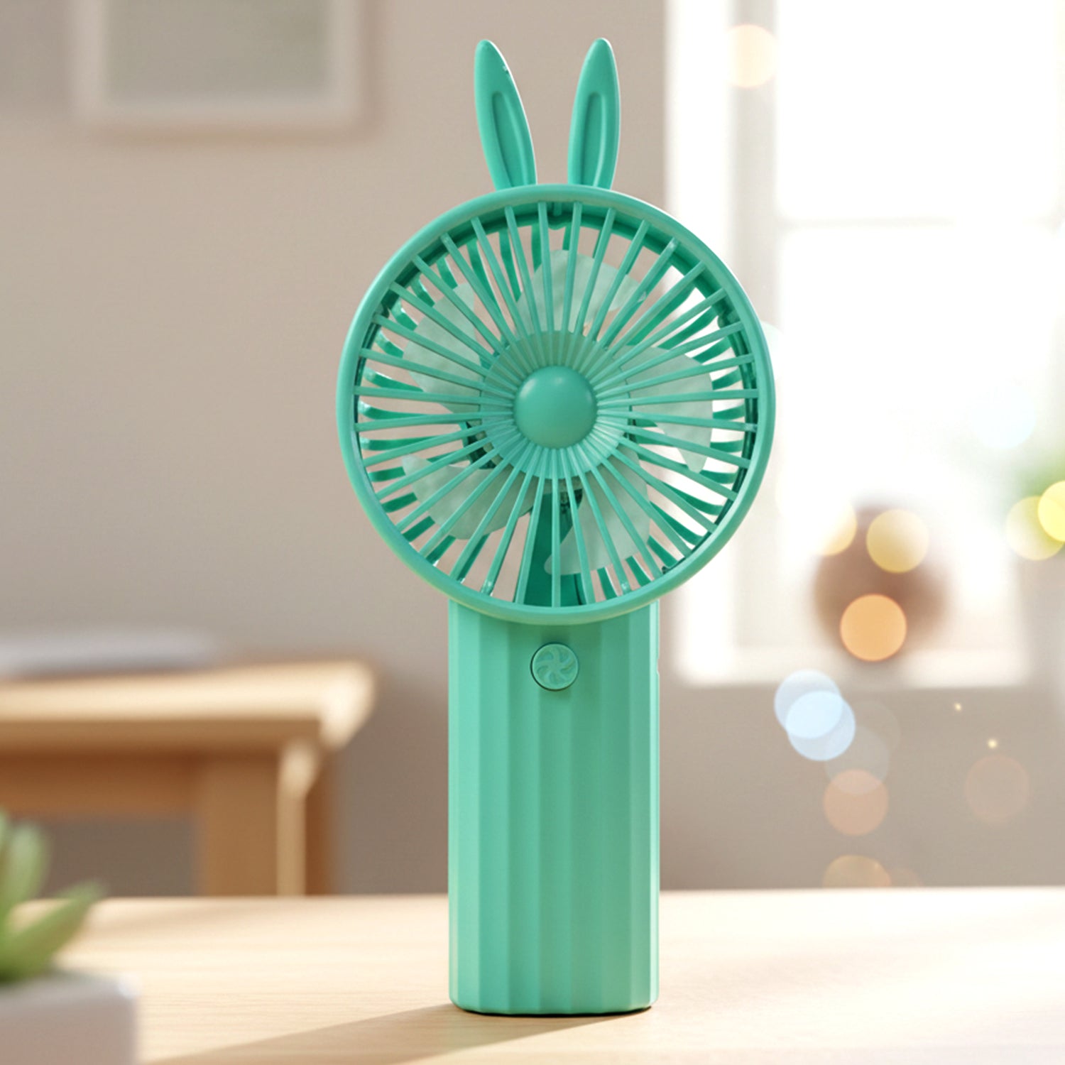 Portable bunny ear fan on desk near laptop