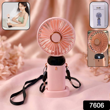 A white rechargeable portable fan with a digital display showing battery level.