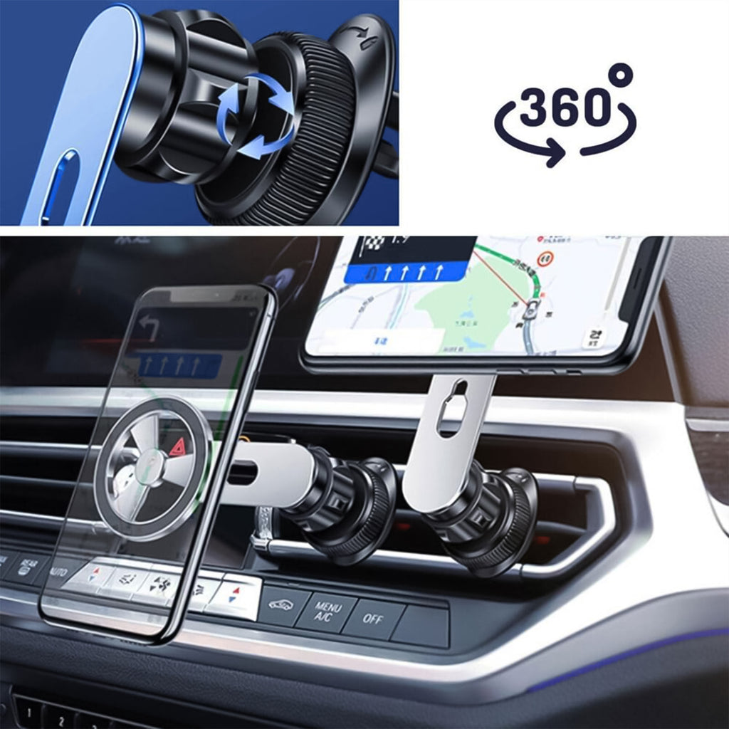 Magnetic phone holder with a smartphone securely attached, rotating view