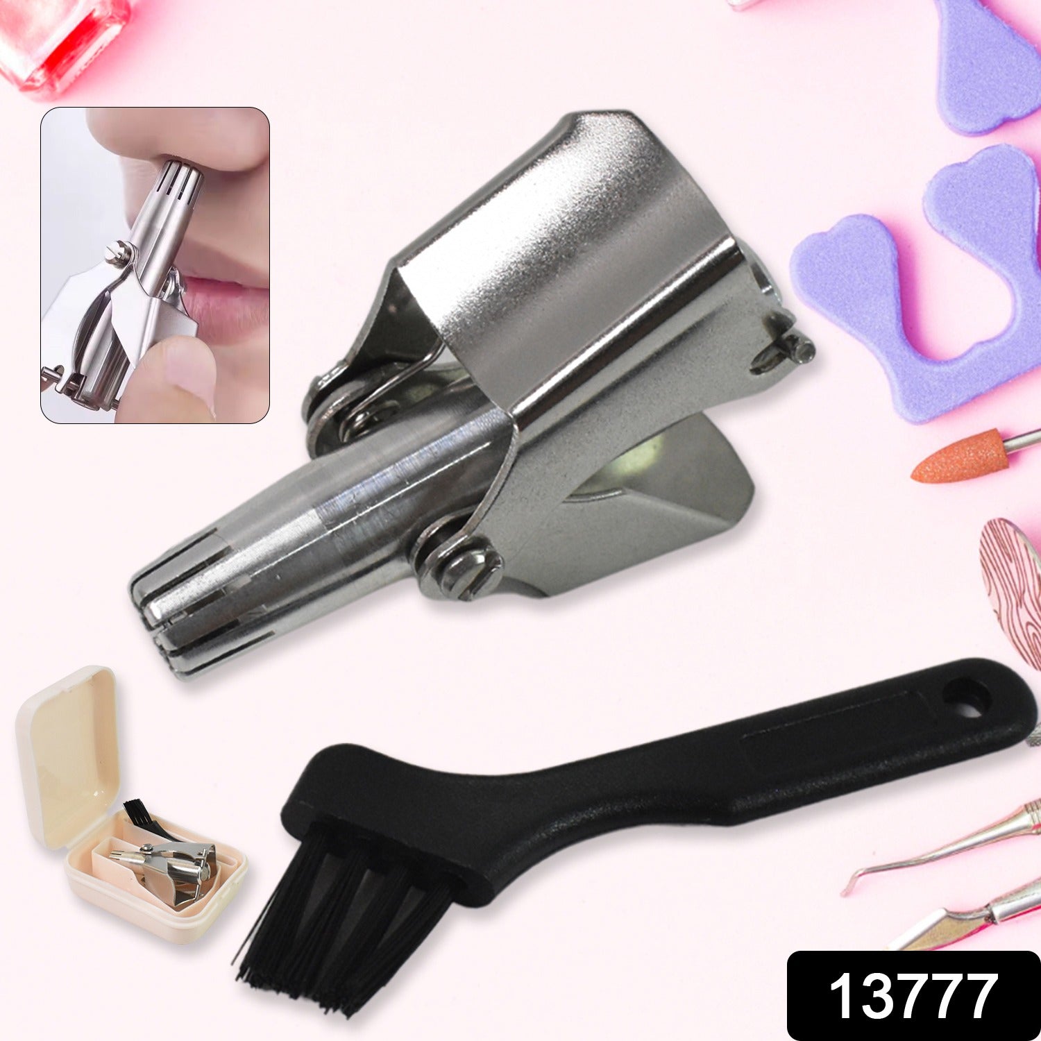 Stainless steel nose hair clipper with brush and plastic case