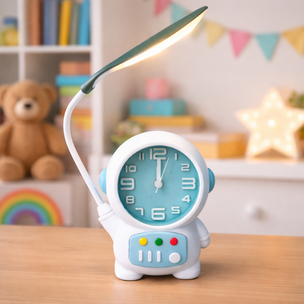 Astronaut Table Lamp with Clock for Kids Study Desk