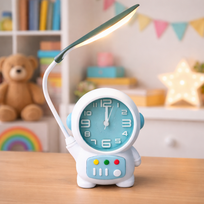 Astronaut Table Lamp with Clock for Kids' Study Desk