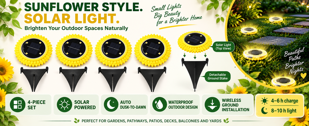 Sunflower solar ground lights: four-piece set with solar power, dusk-to-dawn lighting, and in-ground installation.