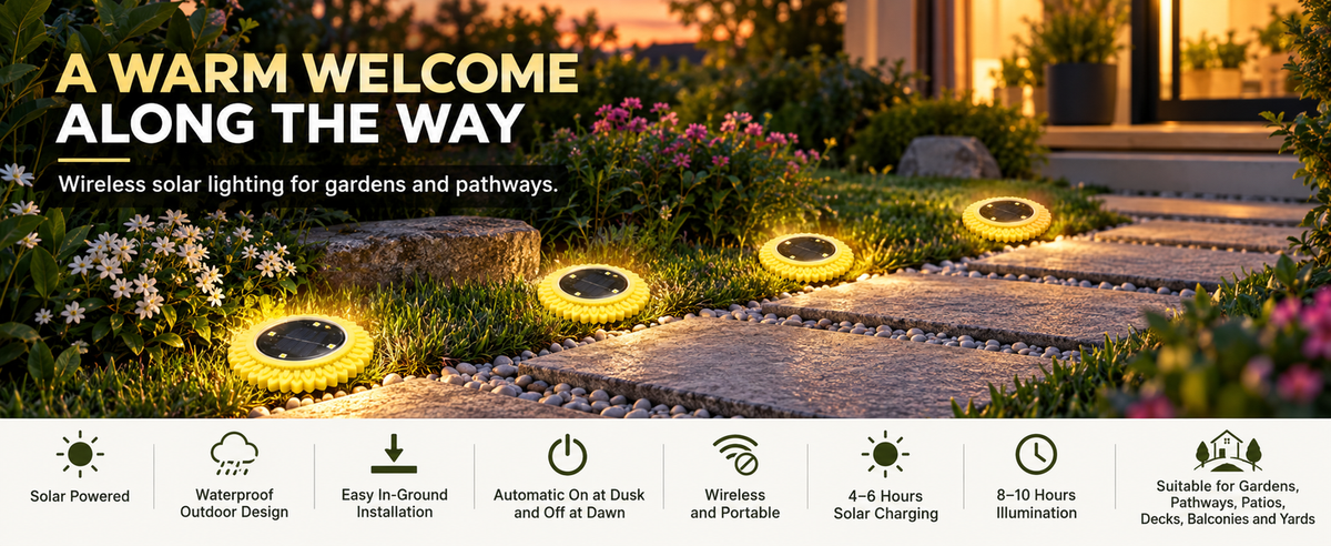 Sunflower solar lights illuminating garden paths, patios, and outdoor spaces.