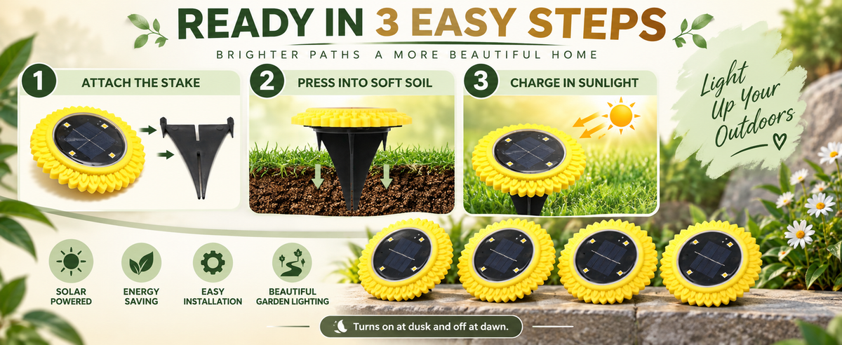Set up sunflower solar lights: attach the stake, press into soft soil, and charge in sunlight.