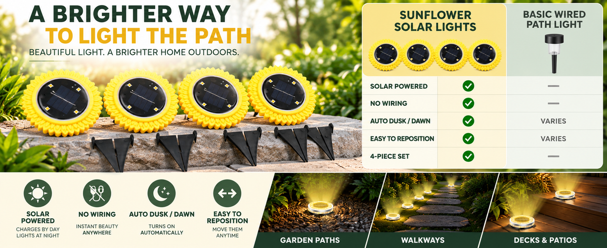 Sunflower solar light set compared with a basic wired path light: solar power, no wiring, automatic dusk lighting, and portable placement.