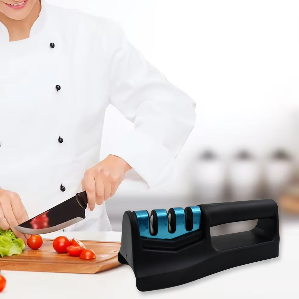 Close up of knife sharpener holding a blade in first sharpening slot