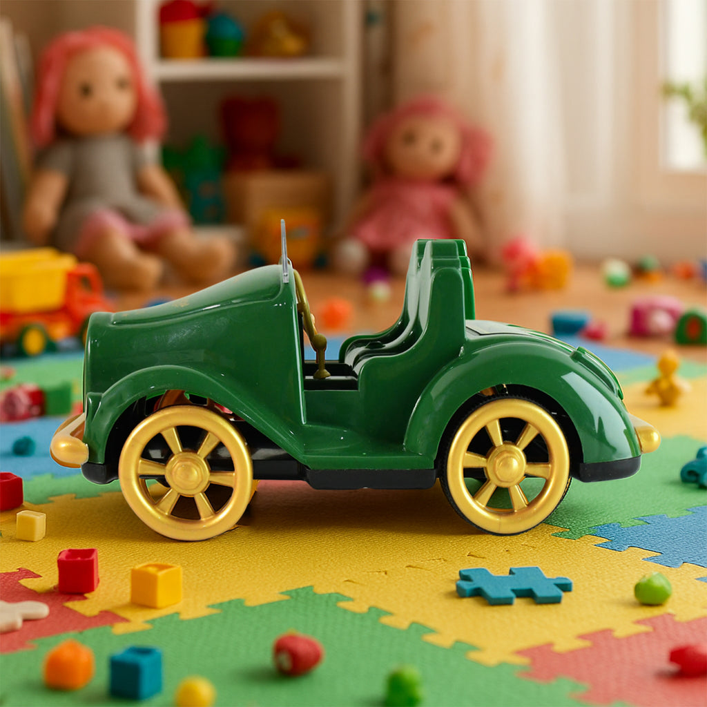 Top-down view of the Funwoods vintage friction car toy, showing open cockpit