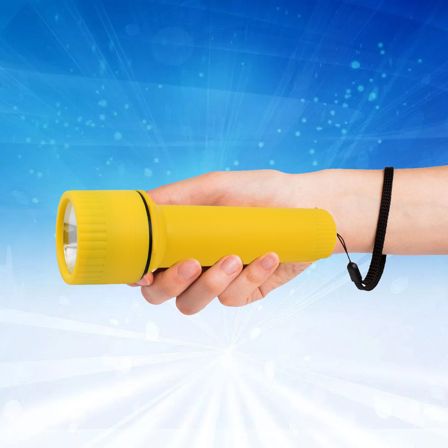 Powerful beam from LED flashlight illuminating a dark room