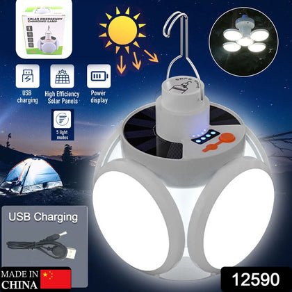 Multi-functional solar camping light unfolded, hanging by its hook