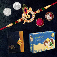 Krishna Flute Rakhi Combo Gift Set with chocolate, roli-chawal, and a heartfelt greeting card.