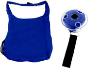 A vibrant blue reusable shopping bag is displayed next to its compact, circular, clear plastic case with a black strap.