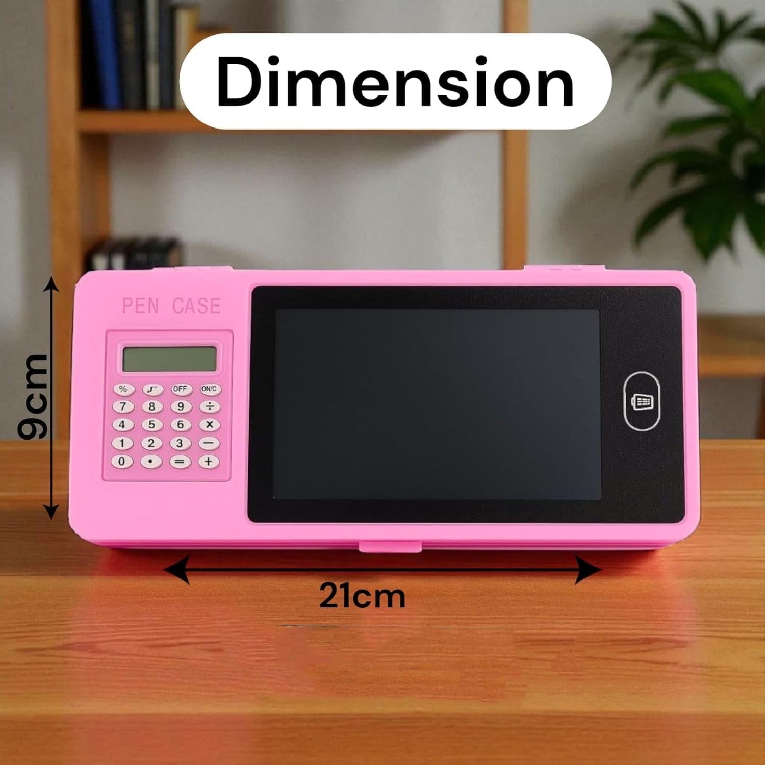 Pencil case opened displaying stationery and LCD writing tablet