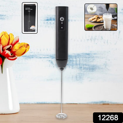 Electric handheld milk frother with stainless steel whisk on white background