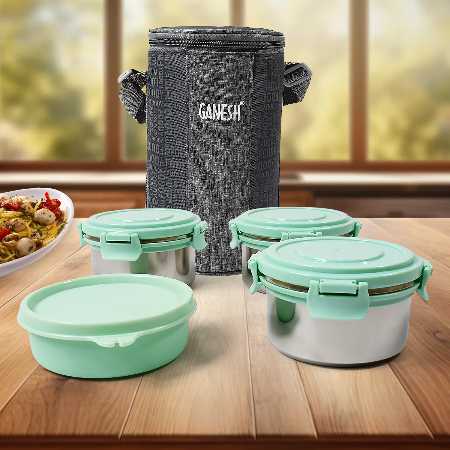 4-in-1 Lunch Box Set – 3 Steel Containers + Salad Box with Zip Bag, Leak-Proof & Microwave Safe