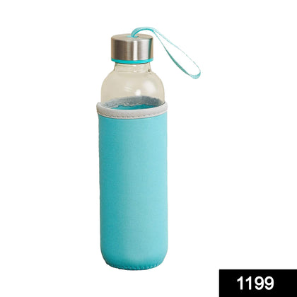 Glass water bottle 500ml with cover on white background