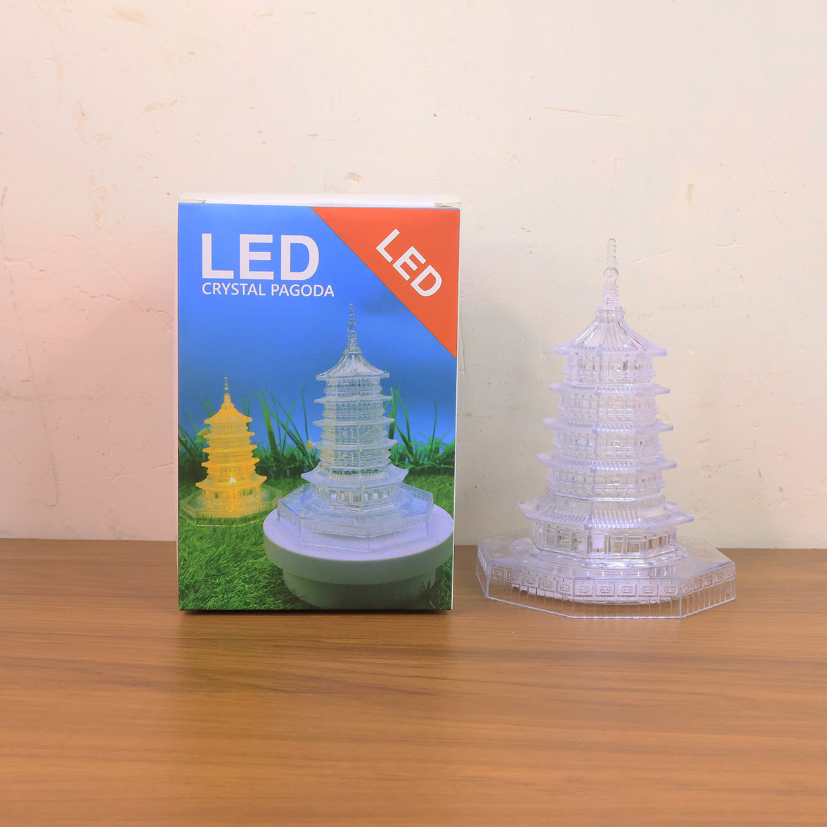 Crystal pagoda light placed in a meditation space with blurred background