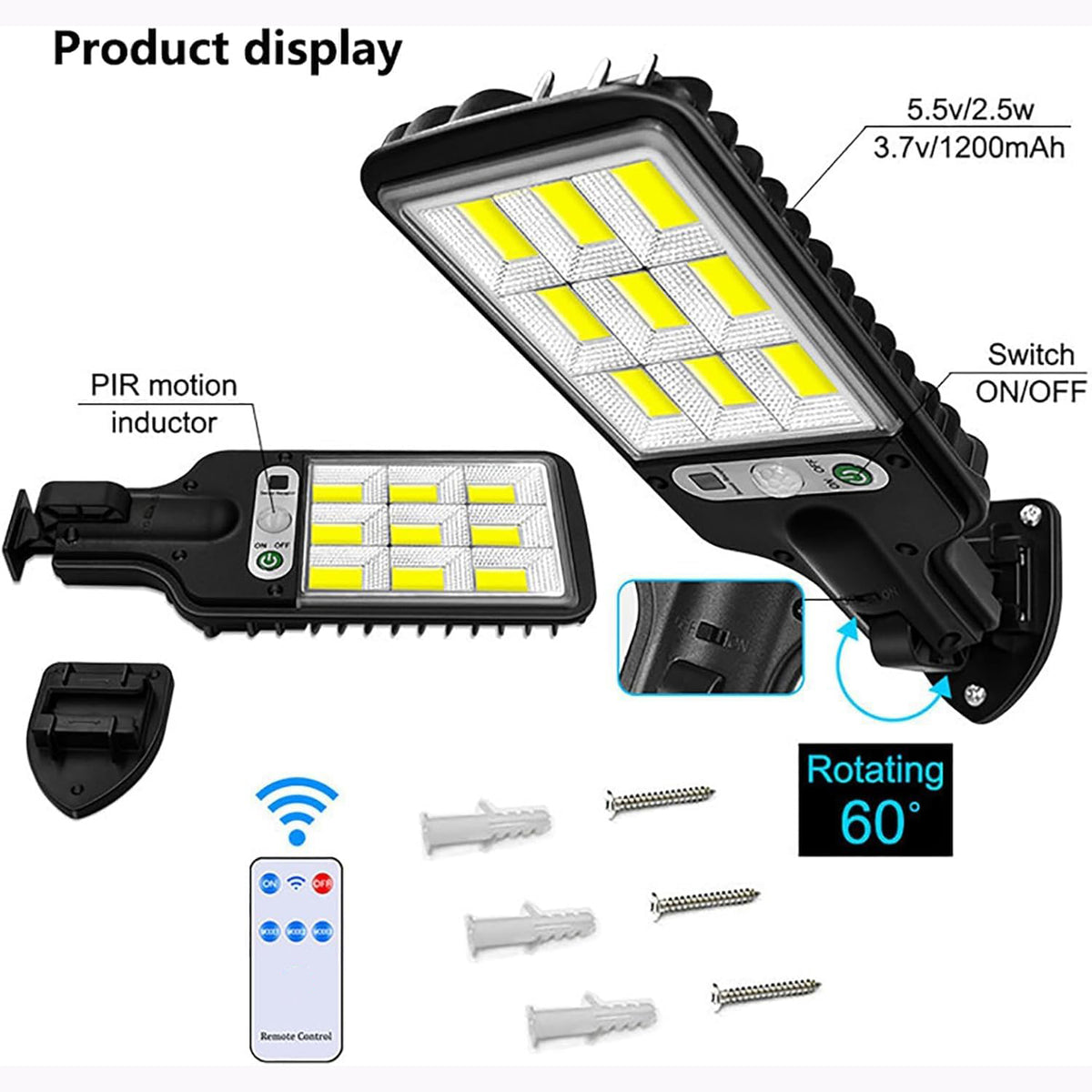 Solar LED street light mounted on a wall, illuminating an outdoor area