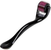A black derma roller with a magenta needle head is presented on a bright white background.