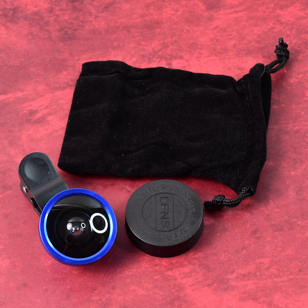 Diagram illustrating the wide-angle effect of the clip-on lens compared to a standard phone camera