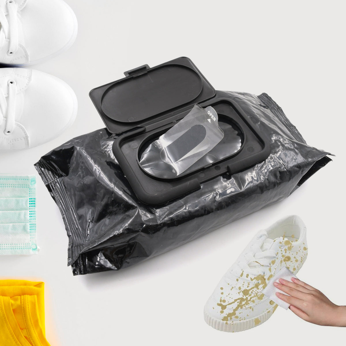 Open pack showing multiple shoe cleaning wipes